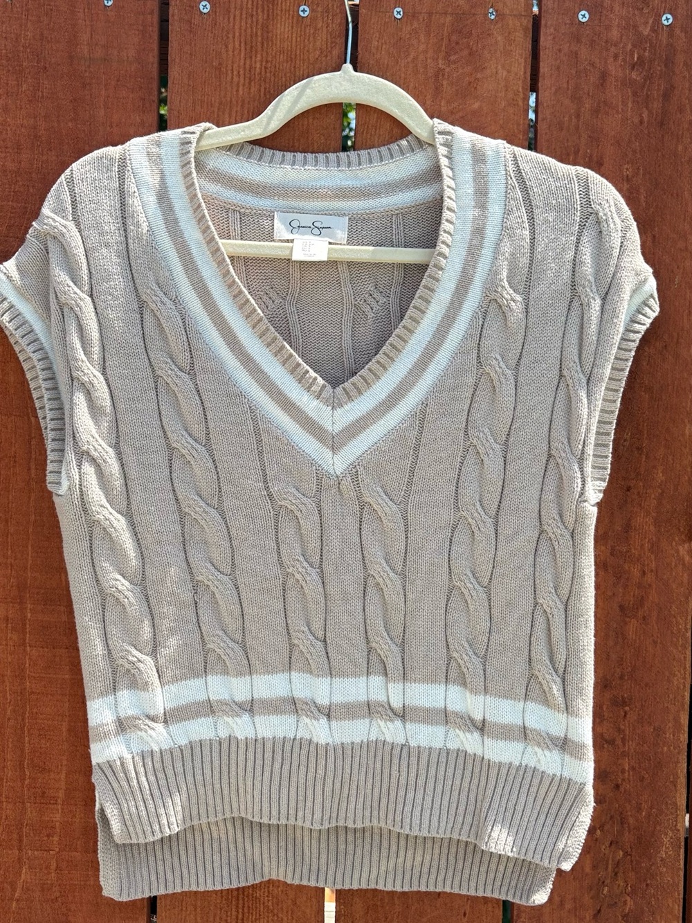 Jessica Simpson Taupe Cable Knit V-Neck Sweater Vest with Cream Stripes